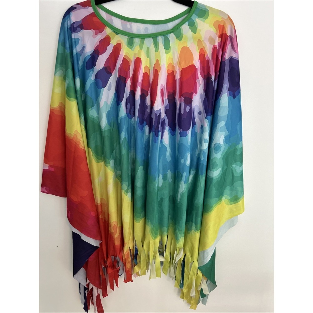 Rainbow Festival Poncho Fringe Bright Colors One-Size-Fits-All Pull Over